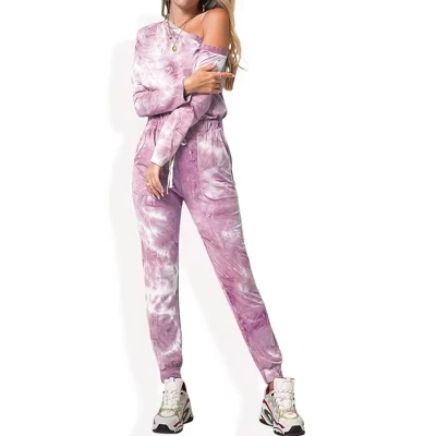 Женский комбинезон с открытыми плечами и длинными рукавами Tie Dye, завязками на талии и брюками для бега трусцой розового цвета