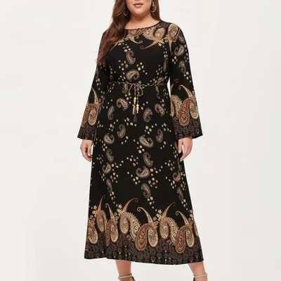 Women's Plus Size Paisley Print Long Sleeve Midi Dress with Round Neckline and Adjustable Waist Tie brown
