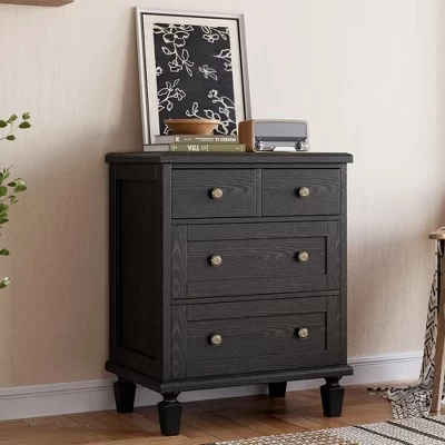 4 Drawer Dresser for Bedroom Vintage Wooden Chest with Carved Handles and Tapered Legs for Living Room Entryway black