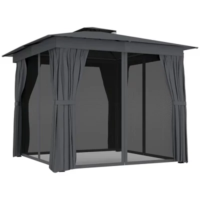 Беседка для патио на открытом воздухе 10' x 10'/ 12', Навес для беседки с мягким верхом, Двойная крыша, Шторы, Сетка, Стальная рама, Потолочный крюк серого цвета