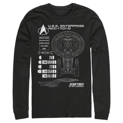 Мужская рубашка с длинными рукавами следующего поколения Enterprise Galaxy Class NCC-1701-D Schematics черного цвета.