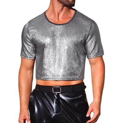 Мужские блестящие футболки с коротким рукавом DIsco Club Crop Metallic серебристого цвета