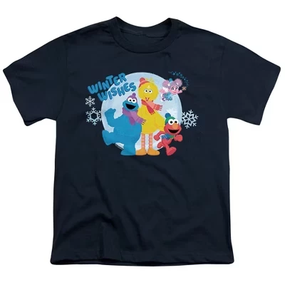 Футболка с зимними пожеланиями для мальчиков Elmo, Cookie Monster, Big Bird синего цвета