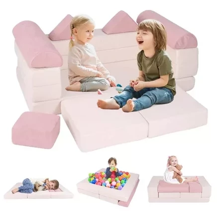 Kids Modular Play Couch Play Set with Suede Fabric Cover High-Density Foam Beige/Gray/Pink pink