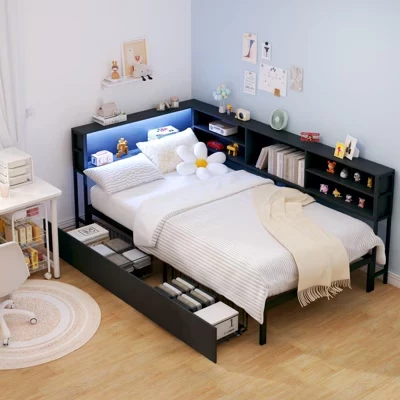 Twin/Full Kids = Угловая кушетка-каркас кровати с книжным шкафом для хранения вещей и светодиодной подсветкой, современная кровать на платформе с книжным шкафом, пружинный блок не требуется, черный