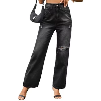 Women Trendy High Waisted Ripped Jeans Casual Distressed Baggy Straight Wide Leg Loose Fit Demin Pants black