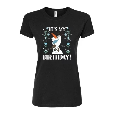 Женская приталенная футболка с рисунком Olaf It's My Birthday черного цвета.