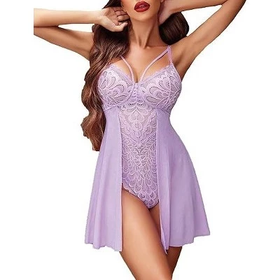 Женское нижнее белье Babydoll с цветочной застежкой на промежности, плюшевая сорочка, ночная рубашка, кружевная ночная рубашка сиреневого цвета