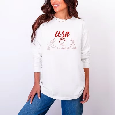 USA Winter Sports One Line - Женская одежда, окрашенная футболка с длинным рукавом и рисунком белого цвета