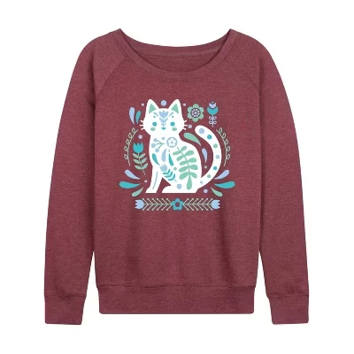 Женская легкая французская махровая рубашка Scandinavian Cat с широким вырезом и длинным рукавом с графическим рисунком цвета вереска темно-бордового цвета.