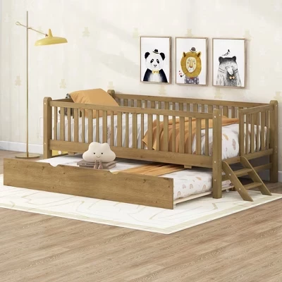 Twin Size Bed Frame with Trundle & Guardrail, Low Profile Platform Bed with Stairs for Boys and Girls walnut