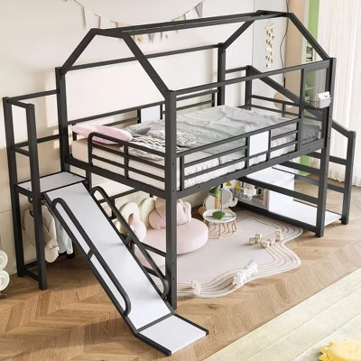 Кровать-чердак Bellemave House с горкой и лестницей для хранения вещей, металлический каркас кровати-чердака House для детей и подростков черного цвета