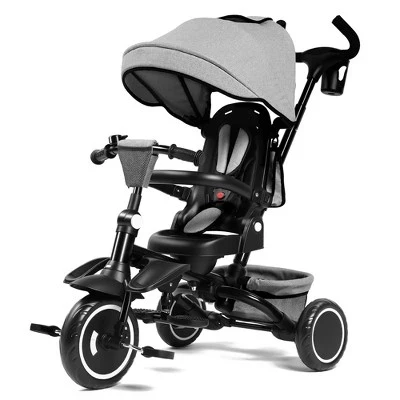 7-in-1 Kids Tricycle with Canopy, Adjustable Push Handle, One-Touch Brake, Lockable Front Wheel, All-Terrain Tires & Storage gray