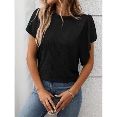 Women's Textured Crew Neck Ruffle Short Sleeve Shirt Summer Casual T-Shirt Trendy Everyday Soft Loose Top Blouse black