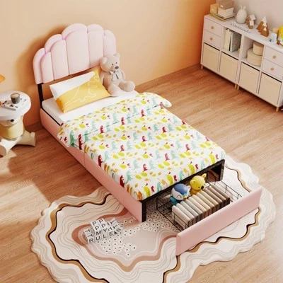 Nora Modern Velvet Upholstered Kids Platform Bed with 2 Storage Drawers pink