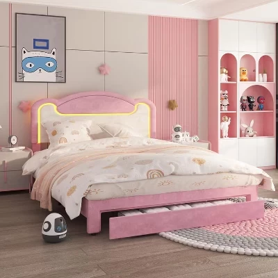 Детская кровать SunnyFurn, мягкая, с LED, розовая