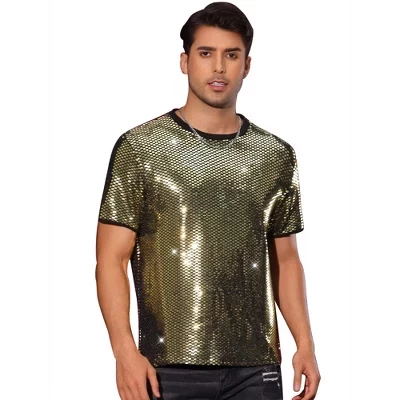 Мужские футболки с блестками для вечеринок с коротким рукавом Metallic Club Glitter золотистого цвета
