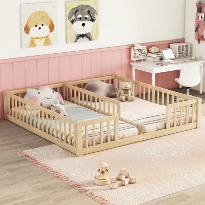 Двуспальная напольная кровать Twin Size для малышей с ограждением, современная кровать Монтессори с перилами для спальни natural
