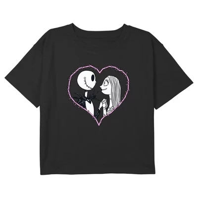 Укороченная футболка с сердечками для девочек Jack and Sally Couple, черная