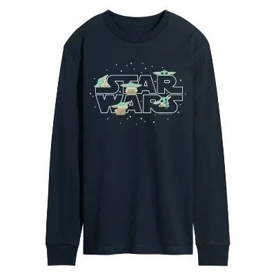 Мужская футболка The Mandalorian Grogu с длинным рукавом и графическим рисунком темно-синего цвета.