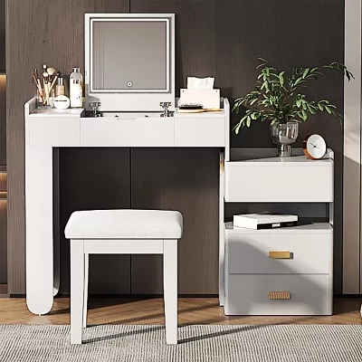 Viggo 3-in-1 Makeup Vanity Set with Flip-Top Mirror, Stool, LED Lighting and Retractable Side Cabinet white