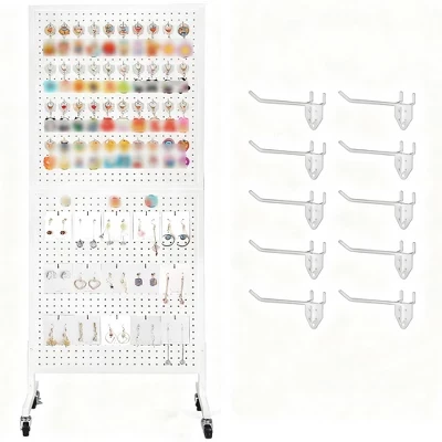 Настольная витрина Pegboard размером 2X5 дюймов на колесиках, Металлическая витрина Pegboard с 10 крючками, стеллаж для выставки товаров Peg Board с Т-образным основанием для розничного магазина белого цвета