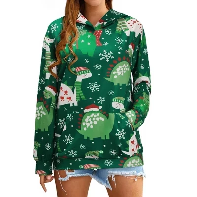 Women's Cute Dinosaur Graphic Long Sleeve Casual Loose Hooded Pullover Sweatshirt with Pocket Hoodie green