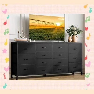 63-дюймовая подставка для телевизора W Dresser для телевизора с диагональю экрана 65-75 дюймов - Решение для хранения в 14 выдвижных ящиках со съемными тканевыми выдвижными ящиками черного цвета