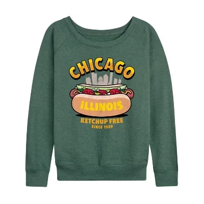 Женская рубашка Chicago Hot Dog Skyline из легкого французского махрового полотна с широким вырезом и длинным рукавом с графическим рисунком heather juniper