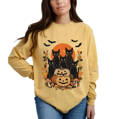 Black Cats Pumpkin Vintage - Женская одежда, окрашенная в горчичный цвет с длинным рукавом