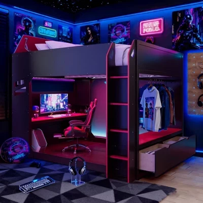 Кровать-чердак с регулируемым по высоте письменным столом, RGB-подсветкой и местом для хранения вещей, Полноразмерная компактная кровать для подростков и взрослых красного цвета