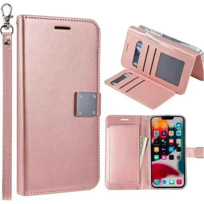 Чехол, совместимый с iPhone 15 Plus - Складной кожаный бумажник, держатель для карт и ремешок из розового золота