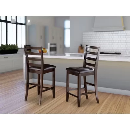 24 in.H Brown Finish Mid Back Wooden Counter Barstool in Rectangle Shape with Faux Leather Upholstered