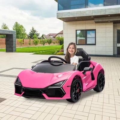 Детская поездка на автомобиле 12 В, Лицензионный Lamborghini Revuelto с дистанционным управлением, Игрушечный спортивный автомобиль на батарейках с двумя двигателями мощностью 25 Вт розового цвета