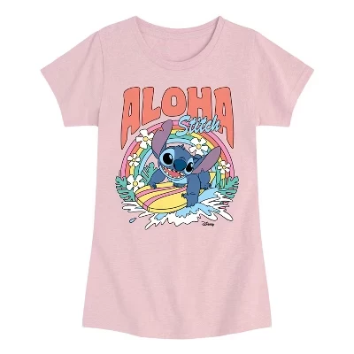 Aloha Stitch Rainbow Surf- Молодежная футболка с коротким рукавом для девочек, приталенная футболка с коротким рукавом и рисунком, розовая