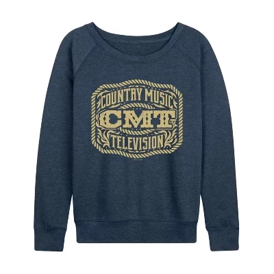 Women's -  - Belt Buckle Lightweight French Terry Wide Neck Long Sleeve Graphic Shirt heather indigo