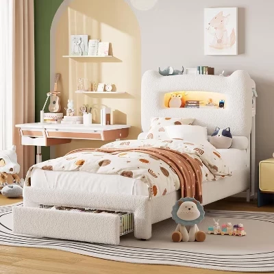 Каркас кровати Twin Size - 2-ярусное изголовье для хранения вещей, мягкая кровать-платформа с зарядной станцией и выдвижным ящиком, Бежевый (для детей/Мальчиков/Девочек), белый