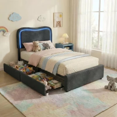 Каркас кровати Boucle Twin/Full/Queen-size с изголовьем и 2 ящиками для хранения вещей - Детская подростковая кровать-платформа черного цвета