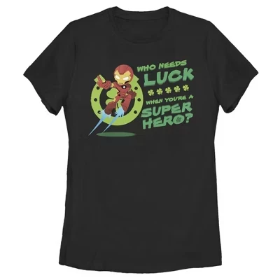 Women's  Iron Man St. Patrick's Day Who Needs Luck Superhero T-Shirt black