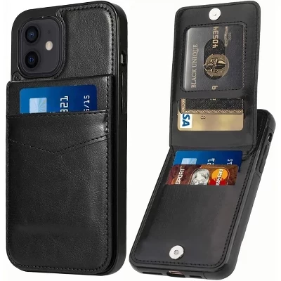 Чехол, совместимый с iPhone 12/12 Pro - [Держатель для карт с 6 слотами] Тонкий кожаный бумажник черного цвета