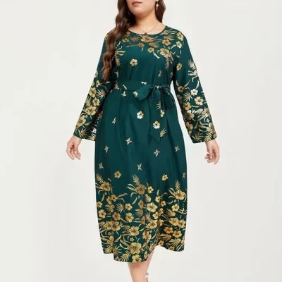 Women's Plus Size Paisley Print Long Sleeve Midi Dress with Round Neckline and Adjustable Waist Tie green
