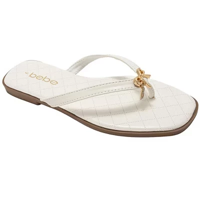 bebe Women’s Flat Sandals – Cute Summer Sandals for Women, Stylish Beach Shoes and Flats with Ribbon white