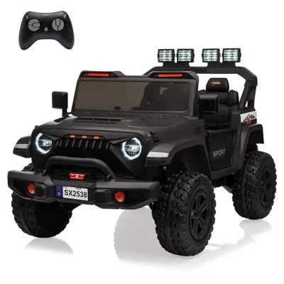 24-Вольтовая езда на игрушках для больших детей, 4WD 2-местная езда на автомобилях с дистанционным управлением, 3 скорости, Светодиодные фонари черного цвета