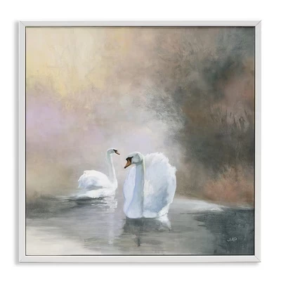 Пейзаж с лебедями на озере в рамке Giclee Art white