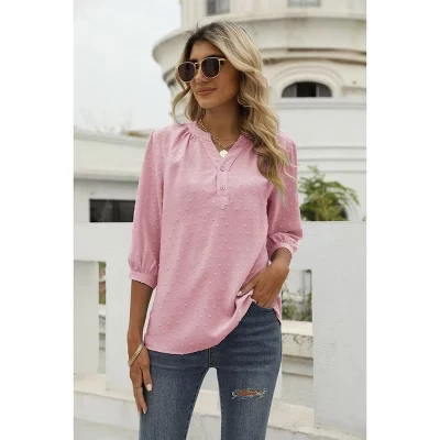 Женские повседневные блузки Henley с V-образным вырезом и рукавами 3/4, плиссированные сзади на пуговицах, блузки в швейцарский горошек, топы, футболки розового цвета