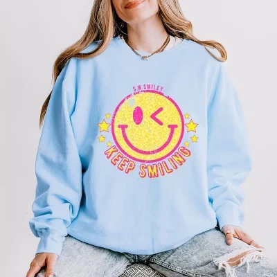 S.W.Smiley Продолжай улыбаться Счастливым лицом Легкая одежда Окрашенная толстовка гортензия