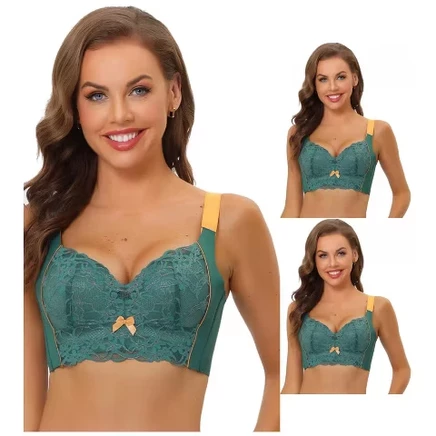 Women's Available for Plus Size Wide Straps High Back Padded Lace Push Up Full Coverage Bralette 3 Packs 42c / 3 dark green