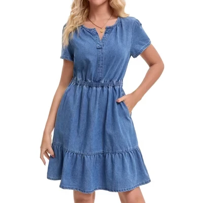 Women's Summer Denim Short Sleeve V Neck Elasticated Waist A-Line Jean Dresses blue