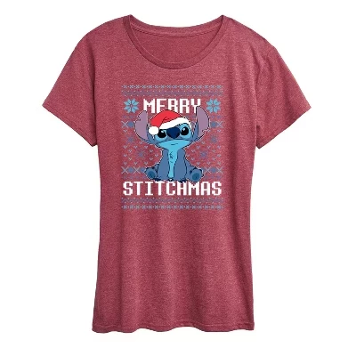 Женская футболка с коротким рукавом и рисунком Merry Stitchmas Christmas, бордовый