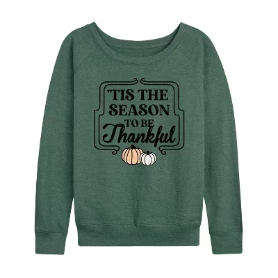 Women's -  - Thanksgiving Lightweight French Terry Wide Neck Long Sleeve Graphic Shirt heather juniper